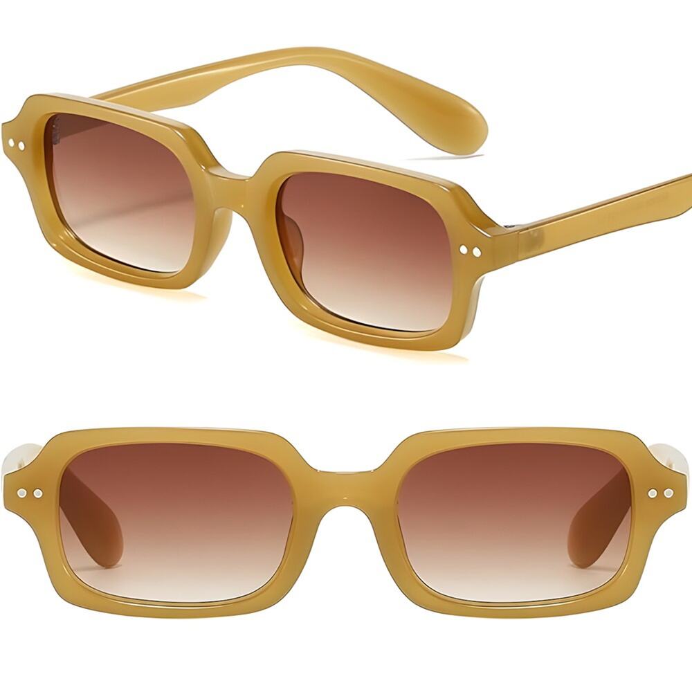 Vintage Small Rectangular Sunglasses Beige Frame Brown Gradient Lens UV400